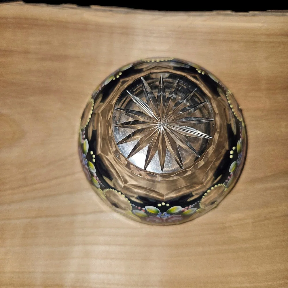 Bohemia Czechoslovakia 24% Lead Crystal Hand Painted Floral Art Glass Bowl